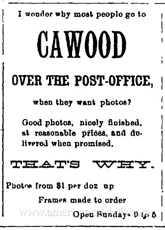 A 1903 newspaper advertisement published for photographer Albert Cawood of Liberty, New York.