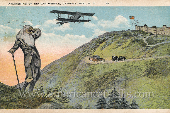 Vintage Catskills postcard depicting Rip Van Winkle as he awakens from his 20-year nap.