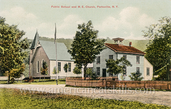 Vintage postcard titled "Public School and M. E. Church, Parksville, N. Y." published by photographer Otto Hillig of Liberty, New York.
