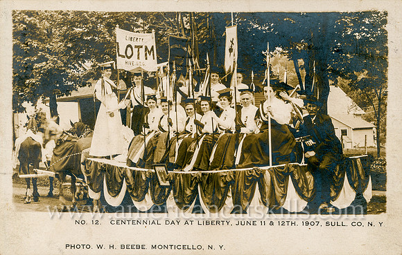Vintage postcard titled "Centennial Day at Liberty, June 11 and 12th, 1907, Sull. Co., N. Y." by photographer William H. Beebe of Monticello, New York.