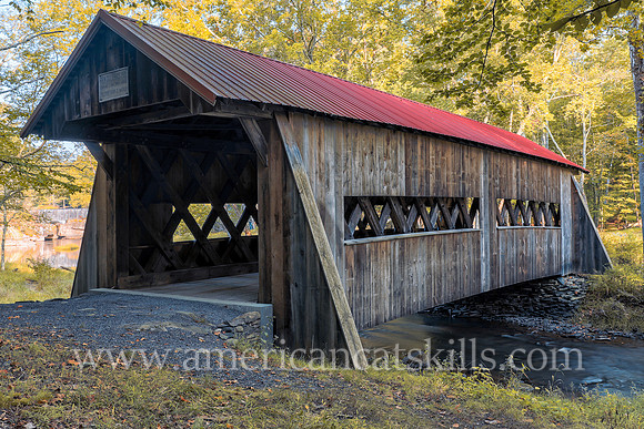 Photograph of the Ashokan-Turnwood Covered Bridge, located at the Ashkokan Center in the Catskills hamlet of Olivebridge, New York.