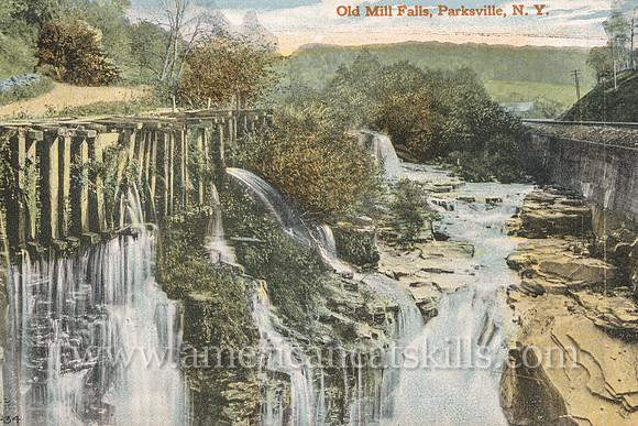 Photographer Otto Hillig published this vintage postcard titled “Old Mill Falls, Parksville, N.Y.”