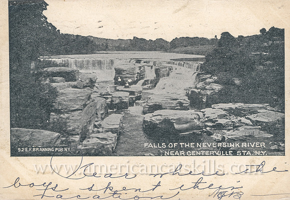Vintage postcard by E. F. Branning titled "Falls of the Neversink River Near Centerville Sta., N.Y."
