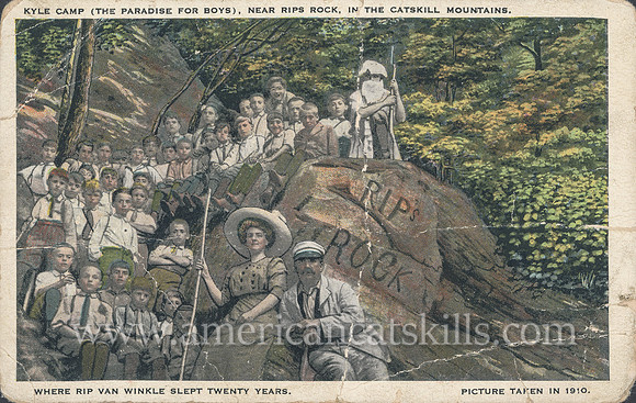 Vintage postcard showing a group of boys from the Kyle Camp grouped around the famous Rip’s Rock in the northern Catskills.