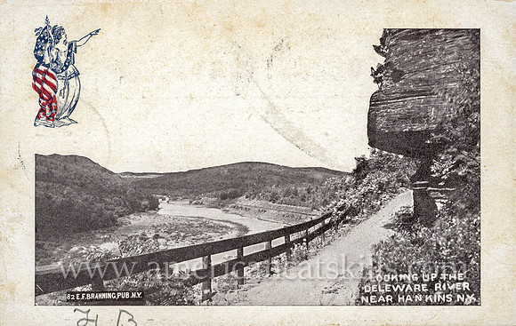 Vintage postcard by E. F. Branning titled "Looking Up the Delaware River Near Hankins, N.Y."