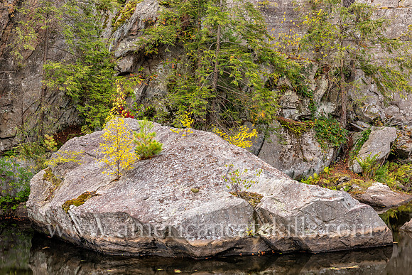 Photograph of rocky cliffs on the pond at the John Burroughs Nature Sanctuary in West Park, New York.