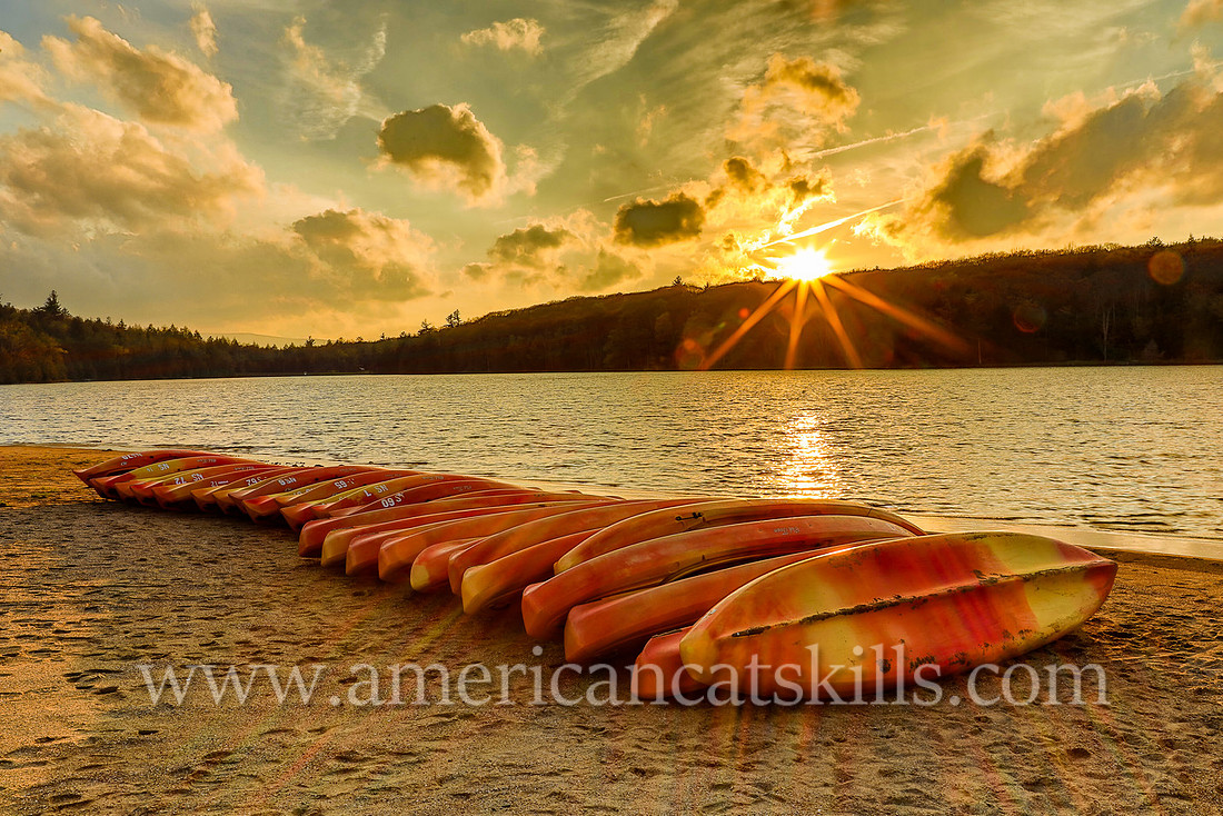 Photographs of kayaks and a sunset at North-South Lake in Haines Falls, New York.