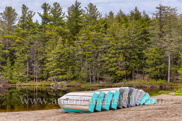 Photograph of a line of rowboats at North-South Lake in Haines Falls, New York.