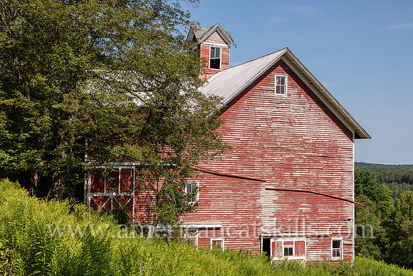 Photograph of a fading red barn in Delaware County, New York.