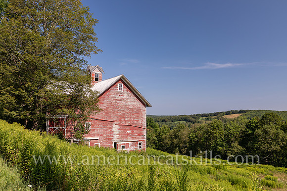 Photograph of a fading red barn on the hillside looking over a sweeping view in Delaware County, New York.