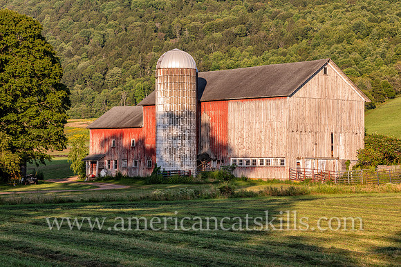 Photograph of a barn with a mountain in the background in Delaware County, New York.