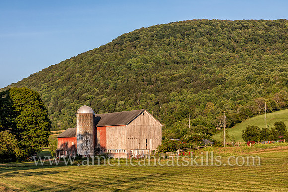 Photograph of a barn with a mountain in the background in Delaware County, New York.