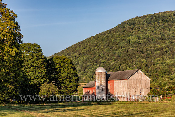 Photograph of a barn with a mountain in the background in Delaware County, New York.