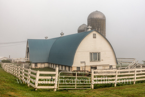 Photograph of the Cattle Exchange barn under deep fog in Delaware County, New York.