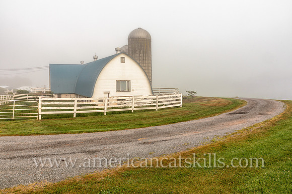 Photograph of the Cattle Exchange barn under deep fog in Delaware County, New York.