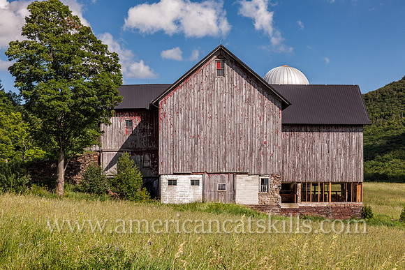 Photograph of a barn with fading paint in the afternoon light on the Roses Brook in Delaware County, New York.
