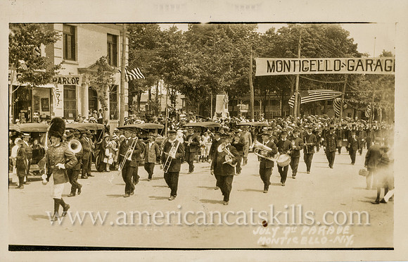 Vintage postcard titled "July 4th Parade, Monticello, N. Y. (3)" published by photographer Howard P. Thompson of Monticello, New York.