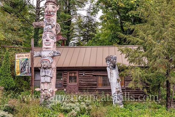 Photograph of the log cabin at the Emile Brunel Studio and Sculpture Garden, also known as Brunel Park, at Boiceville, New York in the central Catskills.