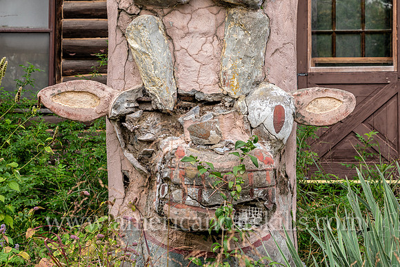 Photograph of the donkey on a totem pole at the Emile Brunel Studio and Sculpture Garden, also known as Brunel Park, at Boiceville, New York in the central Catskills.