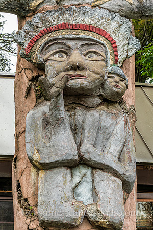 Photograph of the sculpted Indian chief on a totem pole at the Emile Brunel Studio and Sculpture Garden, also known as Brunel Park, at Boiceville, New York in the central Catskills.