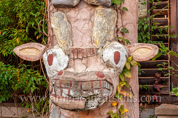 Photograph of a donkey on the totem pole at the Emile Brunel Studio and Sculpture Garden, also known as Brunel Park, at Boiceville, New York in the central Catskills.