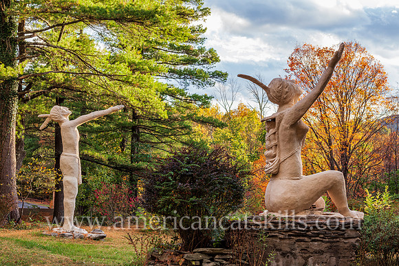 Photograph of the sculptures titled Moon Haw Haw and Natache at the Emile Brunel Studio and Sculpture Garden, also known as Brunel Park, at Boiceville, New York in the central Catskills.