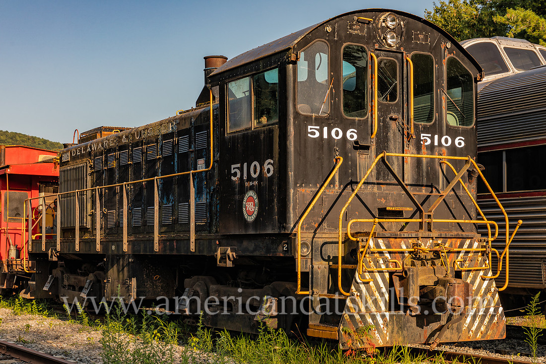 Photograph of trains at the Delaware and Ulster Railroad in Arkville, New York.