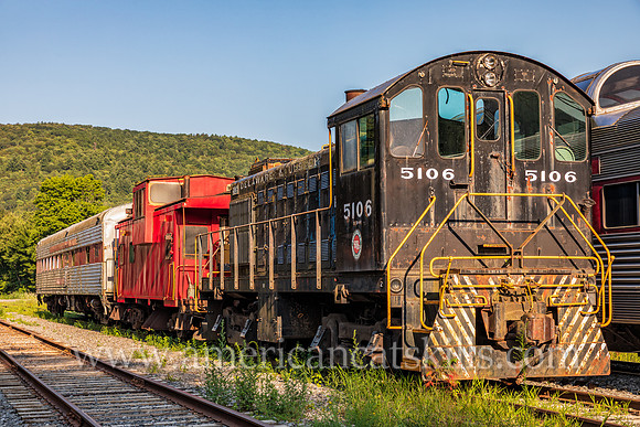 Photograph of trains at the Delaware and Ulster Railroad in Arkville, New York.