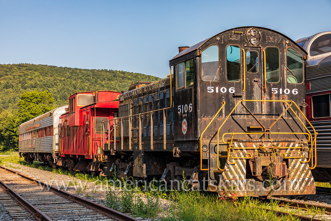 Photograph of trains at the Delaware and Ulster Railroad in Arkville, New York.