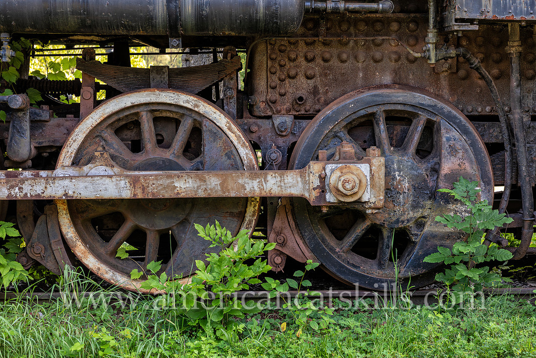 Photograph of trains at the Delaware and Ulster Railroad in Arkville, New York.