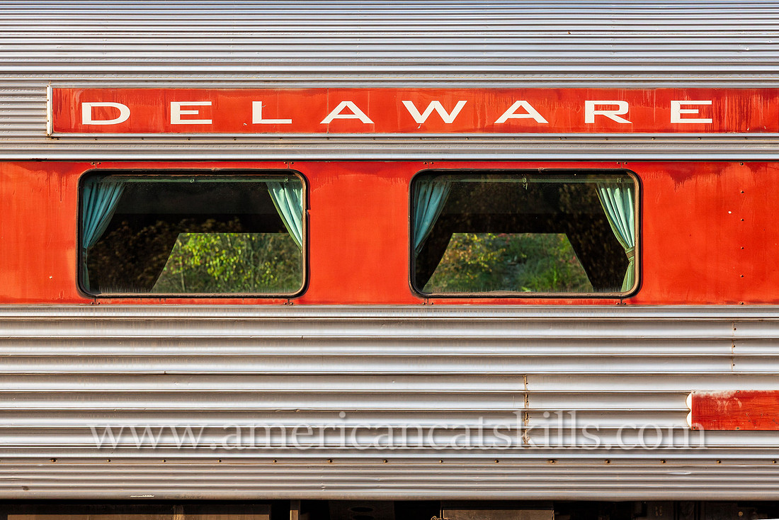 Photograph of trains at the Delaware and Ulster Railroad in Arkville, New York.