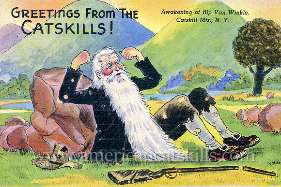 Vintage postcard published by the Kingston News Service depicting the awakening of Rip Van Winkle from his 20 year nap.