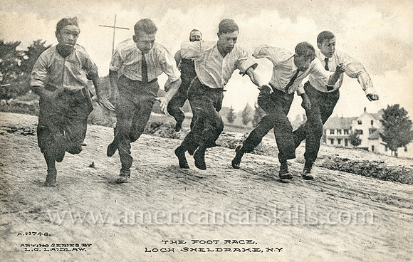 Vintage postcard published by L. G. Laidlaw depicting five young men beginning a very serious foot race at Loch Sheldrake, New York.
