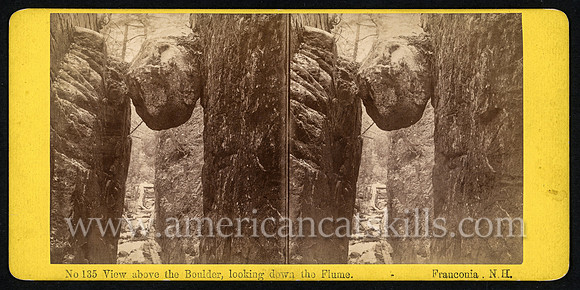 Stereoview titled "View above the Boulder, looking down the Flume, Franconia, N.H." by photographer Henry S. Fifield of New Hampton, New Hampshire.