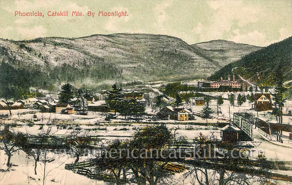 Postcard titled "Phoenicia, Catskill Mts. By Moonlight" published by the Barton and Spooner Company in Cornwall-on-Hudson, New York.