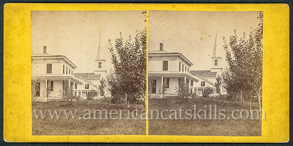 Stereoview titled "View of M. E. Church, Walton" by photographer J. J. Cornish of Walton, New York.