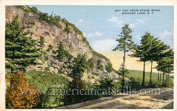 Vintage postcard published by the Picnic Lodge titled “Sky Top From Stage Road, Mohonk Lake, N.Y.”