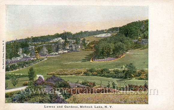 Vintage postcard showing the lawns and gardens of the historic Mohonk Mountain House.