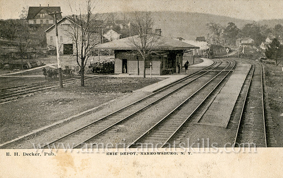Vintage postcard titled "Erie Depot, Narrowsburg, N. Y." by photographer Edwin H. Decker.