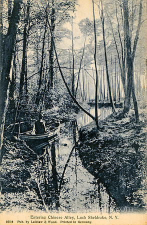 Vintage postcard titled "Entering Chinese Alley, Loch Sheldrake, N. Y." published by the photographic firm of Laidlaw and Wood of Hurleyville, New York.