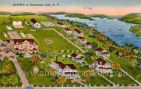Vintage postcard titled "Block's on Kauneonga Lake, N.Y." published by Alfred S. Landis of Wurtsboro, New York.