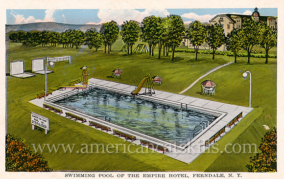 Vintage postcard titled "Empire Hotel, Swimming Pool, Ferndale, N. Y." published by Landis & Alsop of Newark, New Jersey.