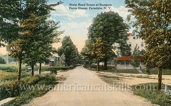 Vintage postcard titled "State Road Scene at Bungers Farm House, Ferndale, N. Y." published by photographer Otto Hillig of Liberty, New York.
