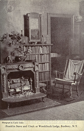Franklin Stove and Clock at Woodchuck Lodge, Roxbury, N.Y.
