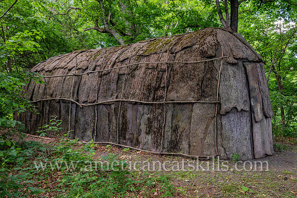 Photograph of the Lenape Longhouse located at the Mohonk Preserve in Ulster County, New York.