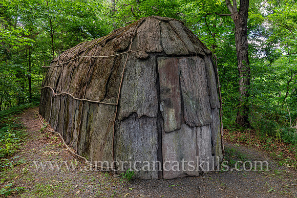Photograph of the Lenape Longhouse located at the Mohonk Preserve in Ulster County, New York.