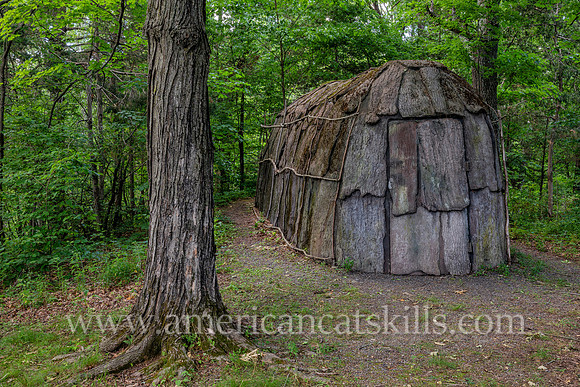 Photograph of the Lenape Longhouse located at the Mohonk Preserve in Ulster County, New York.