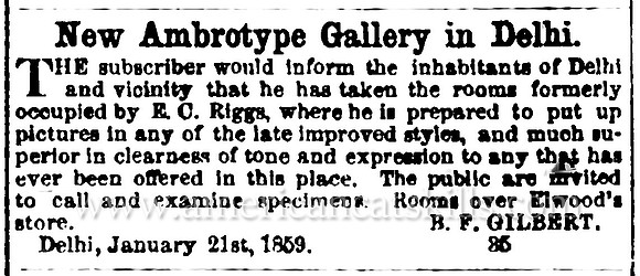 Advertisement for photographer B. F. Gilbert at Delhi, New York.