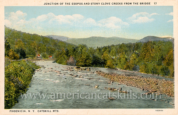 Vintage postcard titled "Junction of the Esopus and Stone Clove Creeks from the Bridge, Phoenicia, N. Y., Catskill Mts." published by the C. W. Hughes Company of Mechanicsville, New York.
