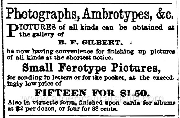 Advertisement for photographer B. F. Gilbert at Delhi, New York.